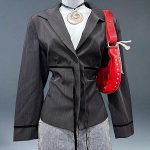 Y2K Office Siren Focus 2000 Pinstripe Blazer Velvet Trim Tie Front Jacket 12P